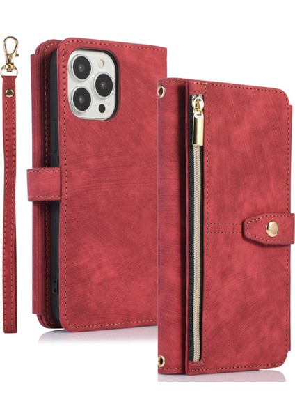 Iphone 13 Pro Max Telefon Kılıfı Için Damla Damlı 6.7 Inç Zipper Cep Cüzdanı Pu Deri Telefon Kapak Standı Birden Fazla Kart Yuvası-Kırmızı (Yurt Dışından)