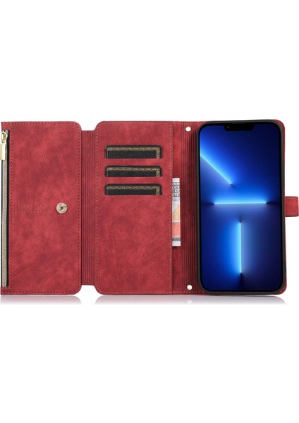 Iphone 13 Pro Max Telefon Kılıfı Için Damla Damlı 6.7 Inç Zipper Cep Cüzdanı Pu Deri Telefon Kapak Standı Birden Fazla Kart Yuvası-Kırmızı (Yurt Dışından)