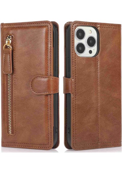 Iphone 13 Pro Max Telefon Kılıfı Şok Geçirmez Telefon Kapağı 6.7 Inç Pu Deri Fermuar Cep Telefonu Cüzdan Kılıfı Stand-Brown (Yurt Dışından)