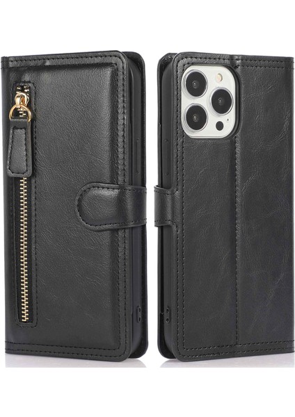 Iphone 13 Pro Max Telefon Kılıfı Şok Geçirmez Telefon Kapağı 6.7 Inç Pu Deri Fermuar Cep Telefonu Cüzdan Kılıfı Stand-Black (Yurt Dışından)