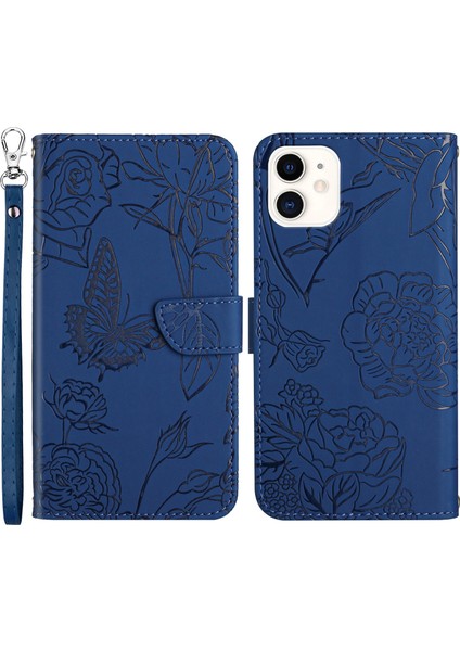 Iphone 12 Mini Telefon Kılıfı 5.4 Inç Kelebek Çiçek Deseni Baskılı Stand Kılıfı Şok Geçirmez Cilt Touch Hissed Hisset Pu Deri Cüzdan Strap-Mavi ile Anti-Fall Kapak (Yurt Dışından)