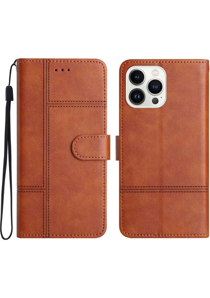 Iphone 13 Pro Telefon Kılıfı Için Telefon Cüzdan Kılıfı 6.1 Inç Cowhide Doku Pu Deri Folio Stand Strap-Brown ile (Yurt Dışından)