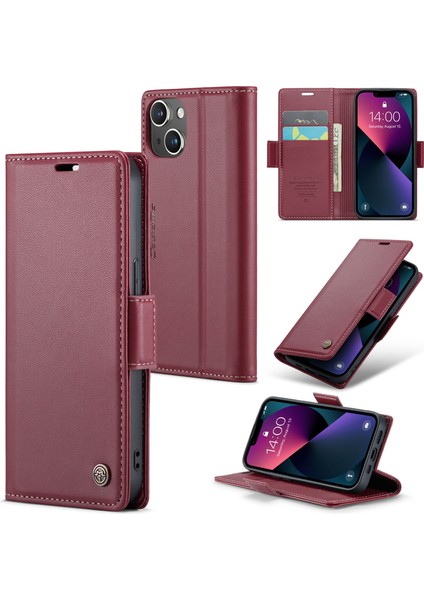 Iphone 13 Mini Rfıd Için Deri Deri Kılıf Litchi Doku Dikkat Stand Cüzdan Telefon Kapak-Kırmızı (Yurt Dışından)