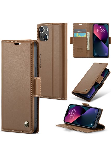 Iphone 13 Mini Rfıd Için Deri Kılıf Litchi Doku Doku Stand Cüzdan Telefon Kapak-Kahverengi (Yurt Dışından)