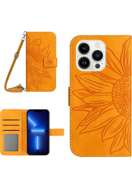 Iphone 13 Pro Max Telefon Kılıfı 6.7 Inç Pu Deri Cüzdan Kılıf Cilt Touch Baskı Baskısı Ayçiçeği Folio Flip Stand Telefon Kapağı Omuz Askılı Sarı ile (Yurt Dışından)