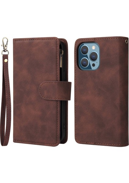 Iphone 13 Pro Max Telefon Kılıfı 6.7 Inç Pu Deri Çok Kart Yuvaları Telefon Cüzdan Stand Kapağı Fermuar Cep Tasarım Anti-Drop Case-Coffee (Yurt Dışından)