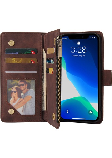 Iphone 13 Pro Max Telefon Kılıfı 6.7 Inç Pu Deri Çok Kart Yuvaları Telefon Cüzdan Stand Kapağı Fermuar Cep Tasarım Anti-Drop Case-Coffee (Yurt Dışından)