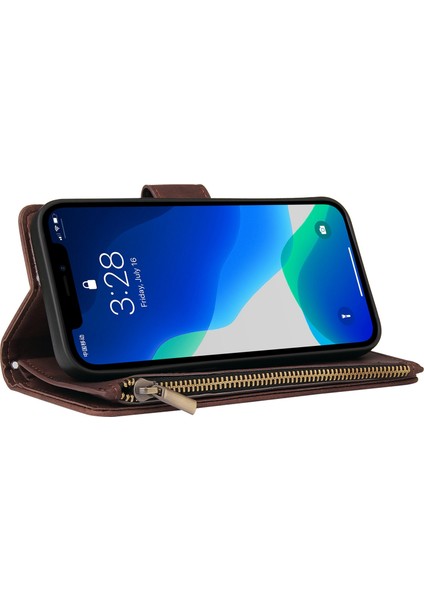 Iphone 13 Pro Max Telefon Kılıfı 6.7 Inç Pu Deri Çok Kart Yuvaları Telefon Cüzdan Stand Kapağı Fermuar Cep Tasarım Anti-Drop Case-Coffee (Yurt Dışından)