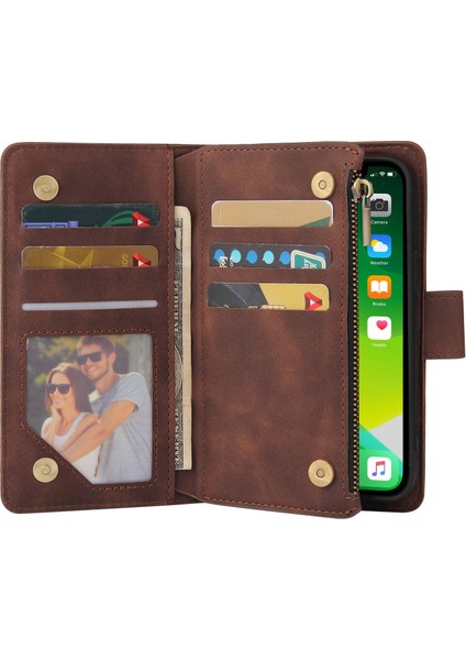 Iphone 13 Pro Max Telefon Kılıfı 6.7 Inç Pu Deri Çok Kart Yuvaları Telefon Cüzdan Stand Kapağı Fermuar Cep Tasarım Anti-Drop Case-Coffee (Yurt Dışından)