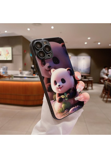 Iphone 13 Pro Max Telefon Kılıfı Için Sevimli Panda Desen Baskı Anti-Drop Temperli Cam+Tpu Lens Film-Black ile (Yurt Dışından)
