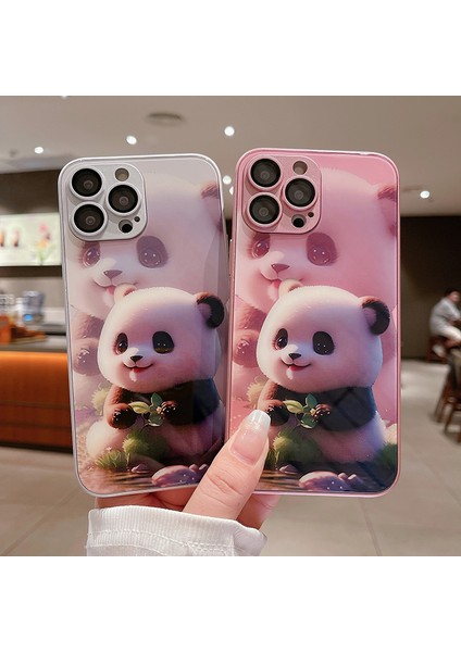 Iphone 13 Pro Max Telefon Kılıfı Için Sevimli Panda Desen Baskı Anti-Drop Temperli Cam+Tpu Lens Film-Black ile (Yurt Dışından)