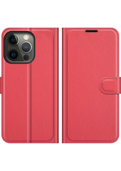Iphone 13 Pro Telefon Kılıfı Için Litchi Skin Deri Cüzdan Stand 6.1 Inç-Kırmızı ile Iyi Korumalı Mobil Kılıf (Yurt Dışından)