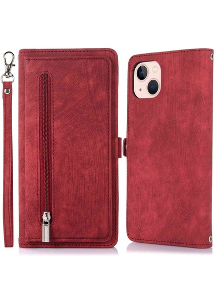 Iphone 13 Mini Telefon Kılıfı 5.4 Inç Pu Deri Cüzdan Kılıfı Çok Fonksiyonlu 9 Kart Yuvaları Stand Koruyucu Kapak Fermuarı Cep ve Bilek Kayışı Kırmızısı (Yurt Dışından)