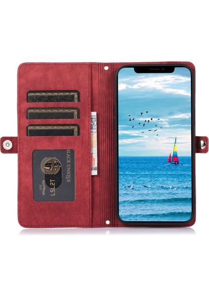Iphone 13 Mini Telefon Kılıfı 5.4 Inç Pu Deri Cüzdan Kılıfı Çok Fonksiyonlu 9 Kart Yuvaları Stand Koruyucu Kapak Fermuarı Cep ve Bilek Kayışı Kırmızısı (Yurt Dışından)
