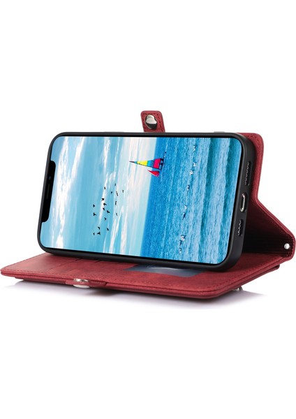Iphone 13 Mini Telefon Kılıfı 5.4 Inç Pu Deri Cüzdan Kılıfı Çok Fonksiyonlu 9 Kart Yuvaları Stand Koruyucu Kapak Fermuarı Cep ve Bilek Kayışı Kırmızısı (Yurt Dışından)