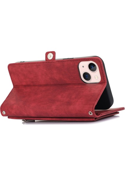 Iphone 13 Mini Telefon Kılıfı 5.4 Inç Pu Deri Cüzdan Kılıfı Çok Fonksiyonlu 9 Kart Yuvaları Stand Koruyucu Kapak Fermuarı Cep ve Bilek Kayışı Kırmızısı (Yurt Dışından)