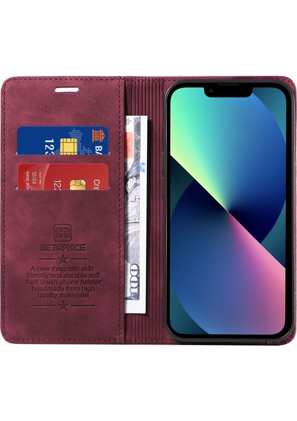 Iphone 13 Mini 5.4 Inç Cep Telefonu Kapağı Rfıd Engelleme Cüzdan Deri Deri Kılıf Kırmızısı (Yurt Dışından)