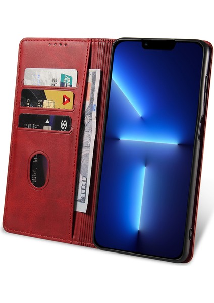 Iphone 13 Pro Max Telefon Kılıfı Için Flip Telefon Kılıf Cüzdan 6.7 Inç Manyetik Deri Stand Buzağı Dokusu Kapak-Kırmızısı (Yurt Dışından)