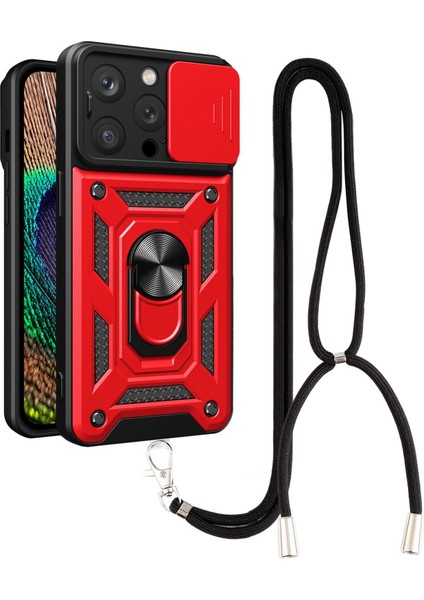 Iphone 13 Pro Telefon Kılıfı Kickstand 6.1 Inç Yerleşik Manyetik Metal Sac Hibrit Telefon Kabuk Yüzük Tutucu Slayt Kamera Kapağı ve Kiracı-Kırmızı (Yurt Dışından)