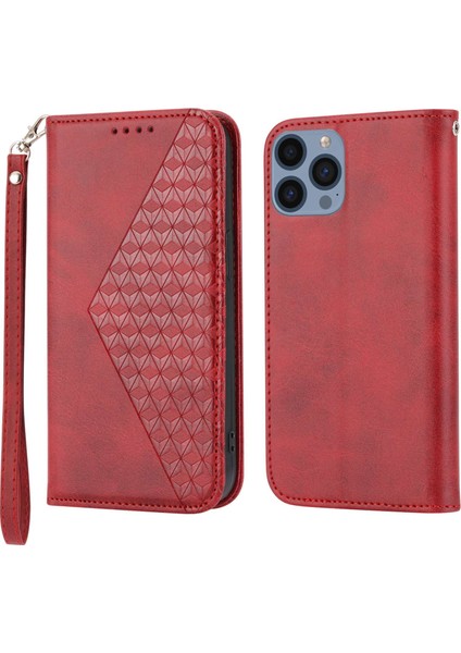 Iphone 13 Pro Telefon Kılıfı Için Baskılı Rhombus Desen Telefon Stand Kapağı 6.1 Inç Buzağı Doku Pu Deri Kılıf Strap-Red ile Manyetik Cüzdan (Yurt Dışından)