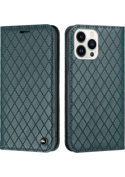Iphone 13 Pro Max Telefon Kılıfı 6.7 Inç Rhombus Desen Kabartmalı Koruyucu Kapak Litchi Doku Pu Deri Deri Stand Kılıfı Rfıd Bloking Telefon Kapağı Cüzdan Yeşili (Yurt Dışından)