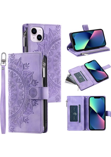 Iphone 13 Mini Telefon Kılıfı 5.4 Inç Pu Deri Mandala Çiçek Baskılı Cüzdan Kılıfı Çoklu Kart Yuvası Manyetik Kapatma Fermuarı Cep Stand Kapağı Strap-Spurple (Yurt Dışından)