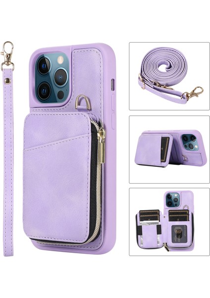 Iphone 13 Pro Max Telefon Kılıfı 6.7 Inç Kart Torosu Tasarım Kickstand Kapak Şok Geçirmez Pu Deri Kaplamalı Tpu El ve Omuz Kayış-Mor ile (Yurt Dışından)