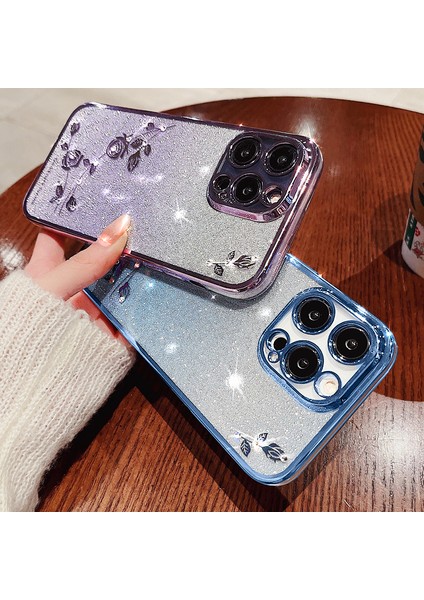 Iphone 13 Pro Max Telefon Kılıfı Için 6.7 Inç Esnek Tpu Şok Geçirmez Kapak Gradyan Glitter Toz Rhinestone Dekor Çiçek Tasarım-Morası (Yurt Dışından)