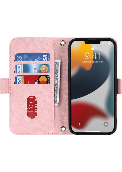 Iphone 13 Mini Telefon Kılıfı Için 5.4 Inç Anti-Fall Manyetik Kapanma Çapraz Doku Pu Deri Deri Dikkatli Kılıf Iç Mizır Makyaj Aynası ve Omuz Kayış Pembe ile Cüzdan Kapağı (Yurt Dışından) modelleri