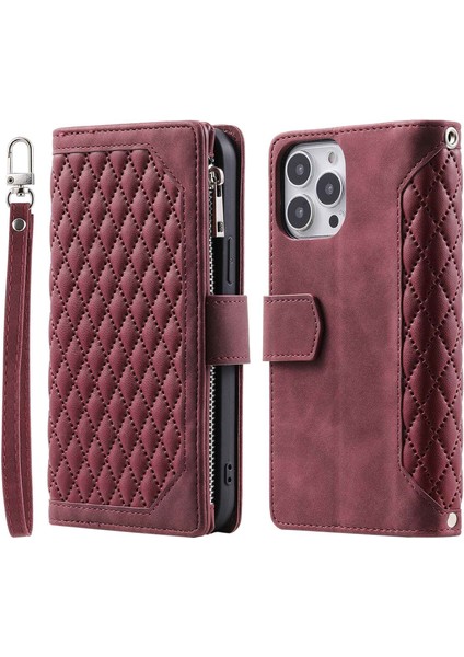 Iphone 13 Pro Max Telefon Kılıfı Için 6.7 Inç 005 Deri Hücre Çantası Rhombus Grid Dokulu Fermuar Cep Standı Cüzdan Telefon Kabuğu Strap-Red ile (Yurt Dışından)