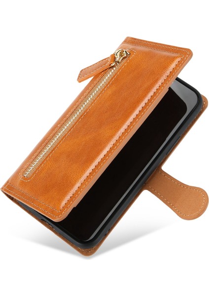 Iphone 13 Pro Telefon Kılıfı Fermuar Cep 6.1 Inç Tam Koruma Pu Deri Telefon Flip Cüzdan Kılıfı Stand-Orange (Yurt Dışından) modelleri