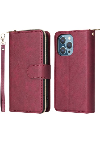 Iphone 13 Pro Telefon Kılıfı Için Damla Koruma 6.1 Inç Flip Stand Pu Deri Deri Manyetik Fermuar Cep Akıllı 9 Kart Yuvaları Strap-Red ile (Yurt Dışından)