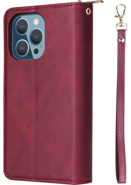 Iphone 13 Pro Telefon Kılıfı Için Damla Koruma 6.1 Inç Flip Stand Pu Deri Deri Manyetik Fermuar Cep Akıllı 9 Kart Yuvaları Strap-Red ile (Yurt Dışından) modelleri