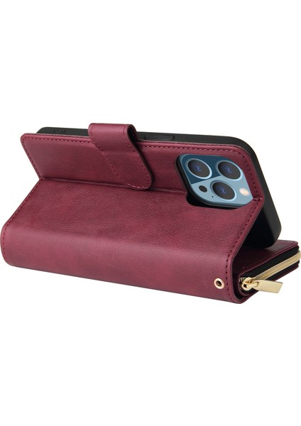 Iphone 13 Pro Telefon Kılıfı Için Damla Koruma 6.1 Inç Flip Stand Pu Deri Deri Manyetik Fermuar Cep Akıllı 9 Kart Yuvaları Strap-Red ile (Yurt Dışından) fırsatları