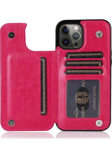 Iphone 13 Pro Telefon Kılıfı Için Üst Düzey Pu Deri ve Tpu Çift Manyetik Düğmeler Çılgın At Dokusu Kickstand Card Tutucu 6.1 Inç-Rose (Yurt Dışından)