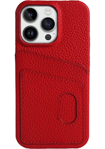 Iphone 13 Pro Max Telefon Kılıfı Için Litchi Doku Telefon Kılıfı Çift Kart Yuvaları Orijinal Cowhide Deri+Pc Kapak-Kırmızı (Yurt Dışından)