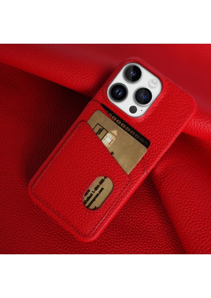 Iphone 13 Pro Max Telefon Kılıfı Için Litchi Doku Telefon Kılıfı Çift Kart Yuvaları Orijinal Cowhide Deri+Pc Kapak-Kırmızı (Yurt Dışından) fırsatları
