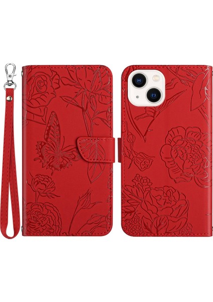 Iphone 13 Mini Telefon Kılıfı 5.4 Inç Moda Pu Deri Kılıf Destekleme Stand Cilt Touch Hissed Hisset Kelebek Çiçek Deseni Basılı Flip Cüzdan Telefon Kapağı Bilek Kayış Kırmızısı (Yurt Dışından)