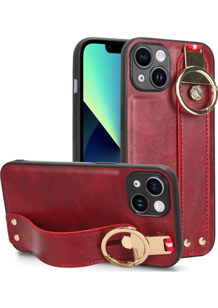 Iphone 13 Mini Telefon Kılıfı Için 5.4 Inç Bileklik Kickstand Deri Kaplama Pc+Tpu Boyun Kayışı Kırmızısı (Yurt Dışından)