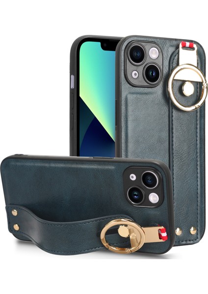 Iphone 13 Mini Telefon Kılıfı Için 5.4 Inç Bileklik Kickstand Deri Kaplama Pc+Tpu Boyun Kayış Mavisi ile Çizim Önleme Kapağı (Yurt Dışından)