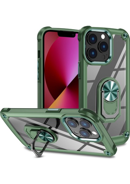 Iphone 13 Pro Max Telefon Kılıfı Için Metal Ring Kickstand Pc+Tpu Akıllı Telefon Geri Kapak Yeşil (Yurt Dışından)