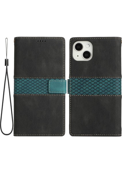 Iphone 13 Mini Telefon Kılıfı Için 5.4 Inç Izgara Dekor Pu Deri Kapağı Şok Geçirmez Anti-Fall Anti Anti Stand Cüzdan Kılıfı Strap-Black (Yurt Dışından)