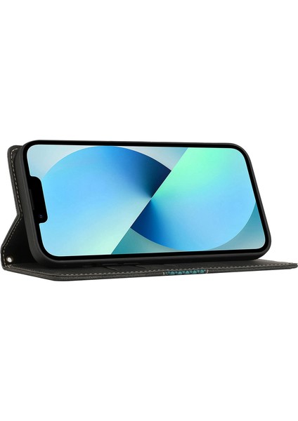 Iphone 13 Mini Telefon Kılıfı Için 5.4 Inç Izgara Dekor Pu Deri Kapağı Şok Geçirmez Anti-Fall Anti Anti Stand Cüzdan Kılıfı Strap-Black (Yurt Dışından) modelleri