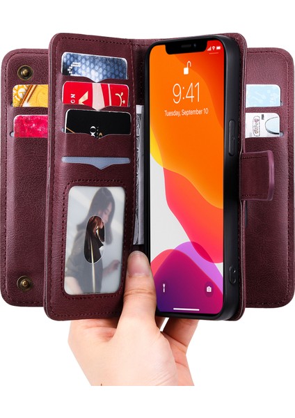 Iphone 13 Pro Telefon Kılıfı Için 6.1 Inç Büyük Kapasiteli Stand Kabuğu Çoklu Kart Yuvası Cüzdan Tasarım-Kırmızı (Yurt Dışından)