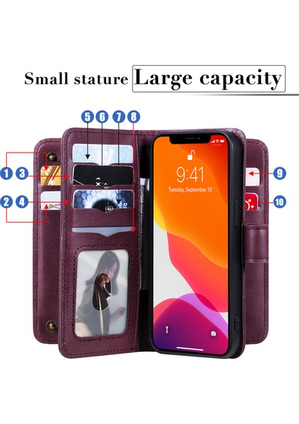 Iphone 13 Pro Telefon Kılıfı Için 6.1 Inç Büyük Kapasiteli Stand Kabuğu Çoklu Kart Yuvası Cüzdan Tasarım-Kırmızı (Yurt Dışından)