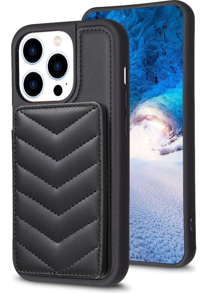 Iphone 13 Pro Max Telefon Kılıfı Pu Deri+Tpu Telefon Kılıf Tutucu Kickstand Wave Doku Dikiş Hattı Telefon Kabuk Black (Yurt Dışından)