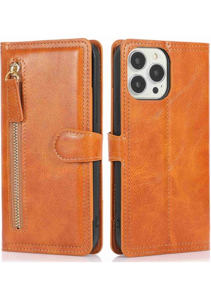 Iphone 13 Pro Max Telefon Kılıfı Şok Geçirmez Telefon Kapağı 6.7 Inç Pu Deri Fermuar Cep Telefonu Cüzdan Kılıfı Stand-Orange (Yurt Dışından)