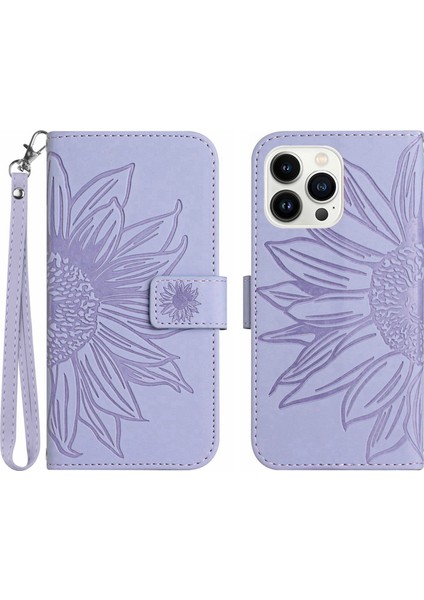 Iphone 13 Pro Max Telefon Kılıfı 6.7 Inç Ayçiçeği Baskılı Pu Deri Tam Koruma Kabuk Cilt Touch Katlanabilir Stand Telefon Cüzdan Kılıfı El Strap-Işık Mor (Yurt Dışından)