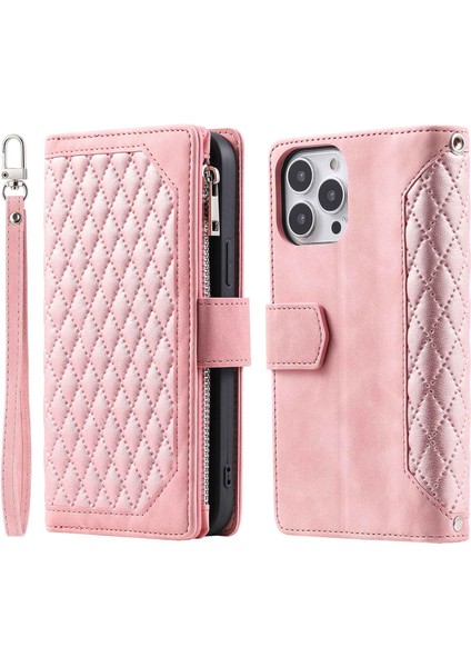 Iphone 13 Pro Max Telefon Kılıfı Için 6.7 Inç 005 Deri Hücre Çantası Rhombus Grid Dokulu Fermuar Cep Standı Cüzdan Telefon Kabuğu Strap-Rose Altın (Yurt Dışından)