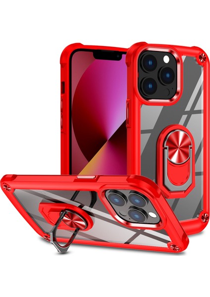 Iphone 13 Pro Max Telefon Kılıfı Için Metal Ring Kickstand Pc+Tpu Akıllı Telefon Geri Kapak Kırmızısı (Yurt Dışından)